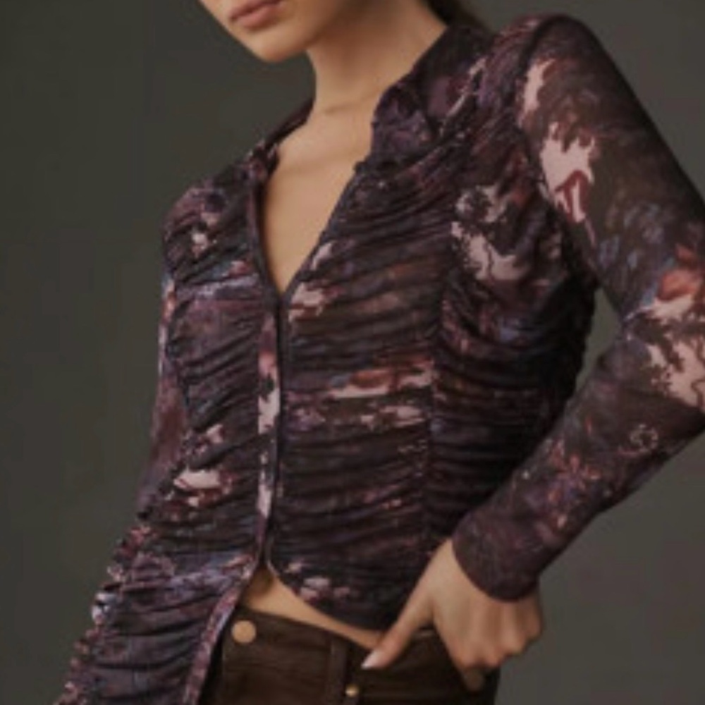 Anthropologie Dark Floral Ruched Blouse
